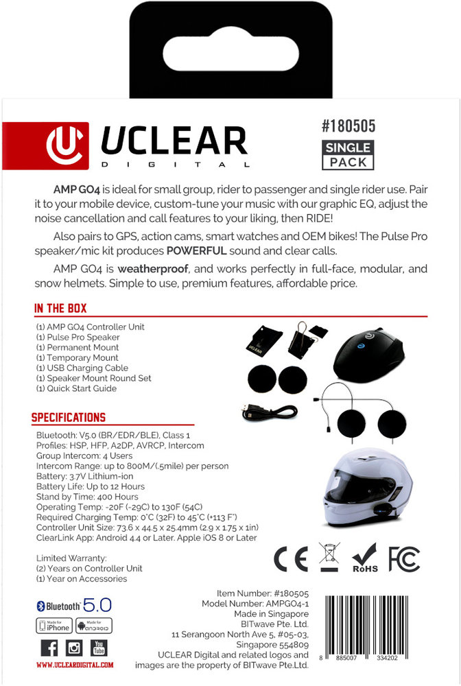 UCLEAR DIGITAL AMP Go 4 Bluetooth Communication System Single Pack