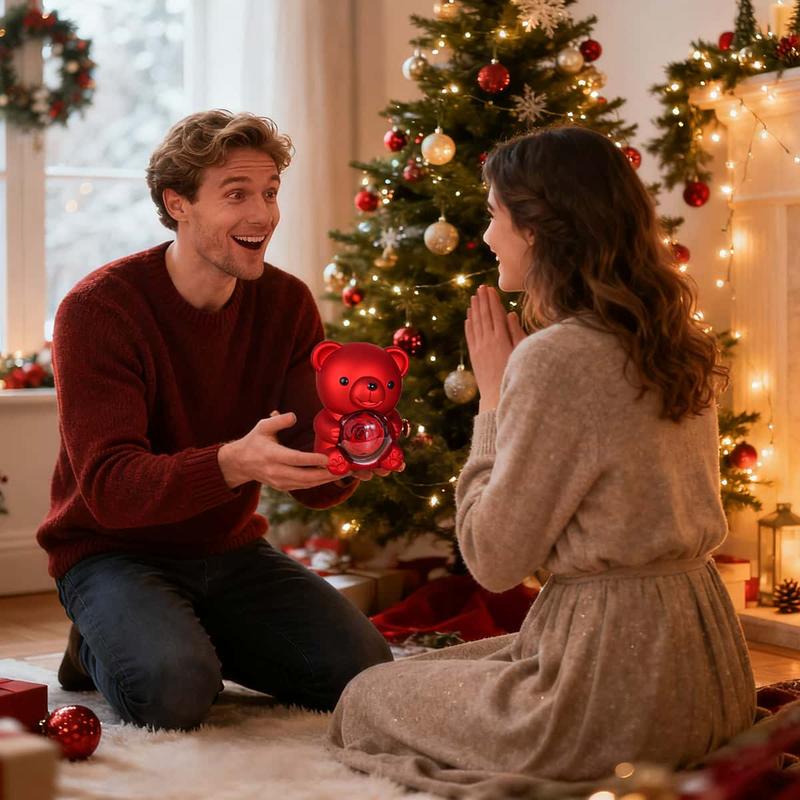 【Necklace Included】Cute Teddy Bear with Preserved Rose -A Real Rose Flowerin Bear with Elegant Gift Box -Romantic Gift for Her in Mother's Day, Weddings, Anniversaries, and Bridal Showers,Christmas and Valentine's Day gifts