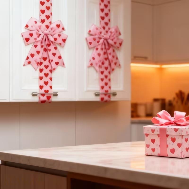 Valentine's Day Pink Heart Large Bow Decoration - 79x2.4 Inches Polyester Fringe Bow for Cabinet Doors No Batteries Needed, Easy to Install Festive Home Decor