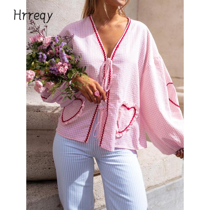 Women Long Sleeve Shirts Heart Embroidery Plaid Front Bowknot Tie-Up Blouses Fashion Spring Summer Casual Tops Cotton Womenswear Comfort Light Valentine's Day
