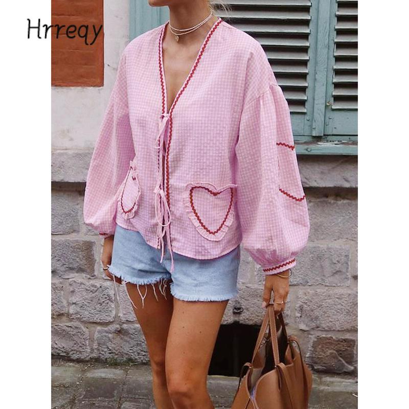 Women Long Sleeve Shirts Heart Embroidery Plaid Front Bowknot Tie-Up Blouses Fashion Spring Summer Casual Tops Cotton Womenswear Comfort Light Valentine's Day