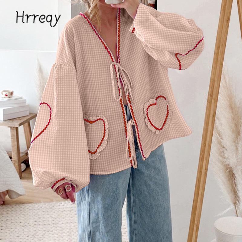 Women Long Sleeve Shirts Heart Embroidery Plaid Front Bowknot Tie-Up Blouses Fashion Spring Summer Casual Tops Cotton Womenswear Comfort Light Valentine's Day