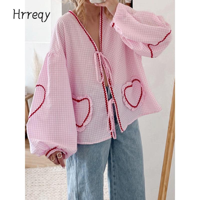 Women Long Sleeve Shirts Heart Embroidery Plaid Front Bowknot Tie-Up Blouses Fashion Spring Summer Casual Tops Cotton Womenswear Comfort Light Valentine's Day