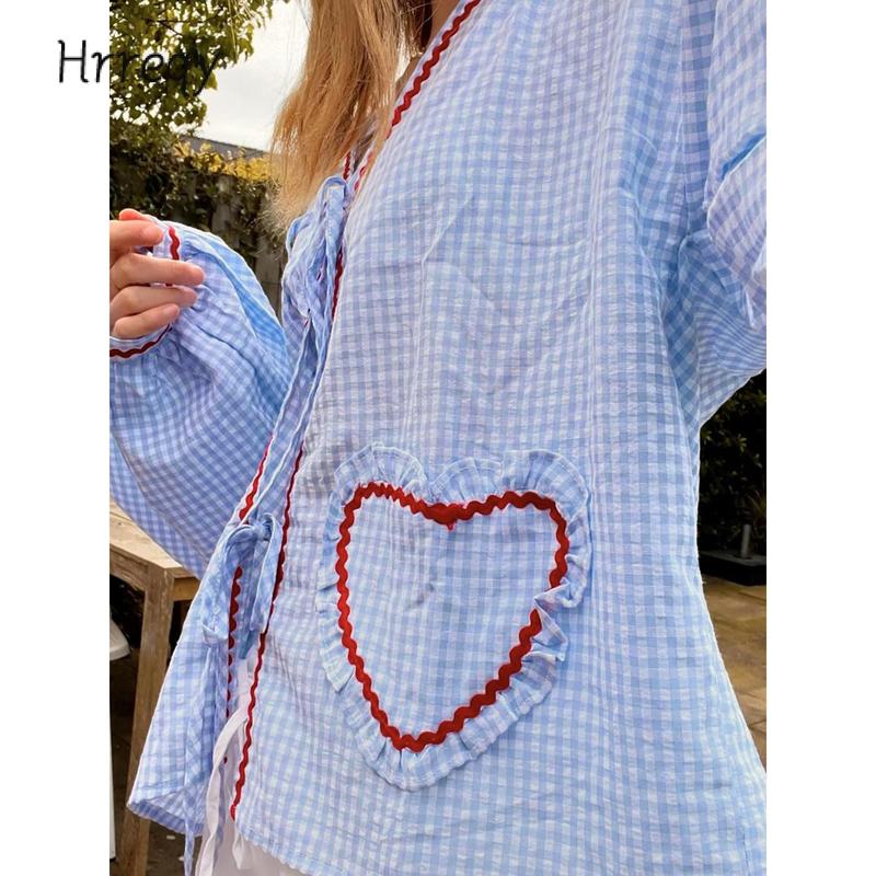 Women Long Sleeve Shirts Heart Embroidery Plaid Front Bowknot Tie-Up Blouses Fashion Spring Summer Casual Tops Cotton Womenswear Comfort Light Valentine's Day
