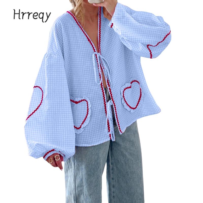 Women Long Sleeve Shirts Heart Embroidery Plaid Front Bowknot Tie-Up Blouses Fashion Spring Summer Casual Tops Cotton Womenswear Comfort Light Valentine's Day