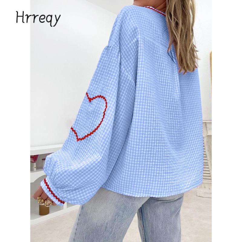 Women Long Sleeve Shirts Heart Embroidery Plaid Front Bowknot Tie-Up Blouses Fashion Spring Summer Casual Tops Cotton Womenswear Comfort Light Valentine's Day