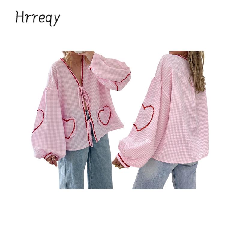 Women Long Sleeve Shirts Heart Embroidery Plaid Front Bowknot Tie-Up Blouses Fashion Spring Summer Casual Tops Cotton Womenswear Comfort Light Valentine's Day