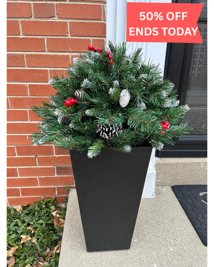 Pre-lit Artificial Christmas Tree Urn Filler ▶︎ Weatherproof sparkle for entryways and patios