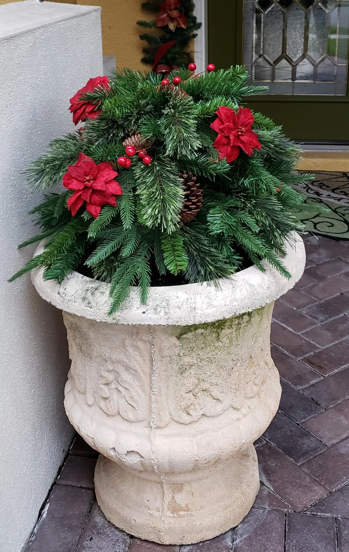 Pre-lit Artificial Christmas Tree Urn Filler ▶︎ Weatherproof sparkle for entryways and patios