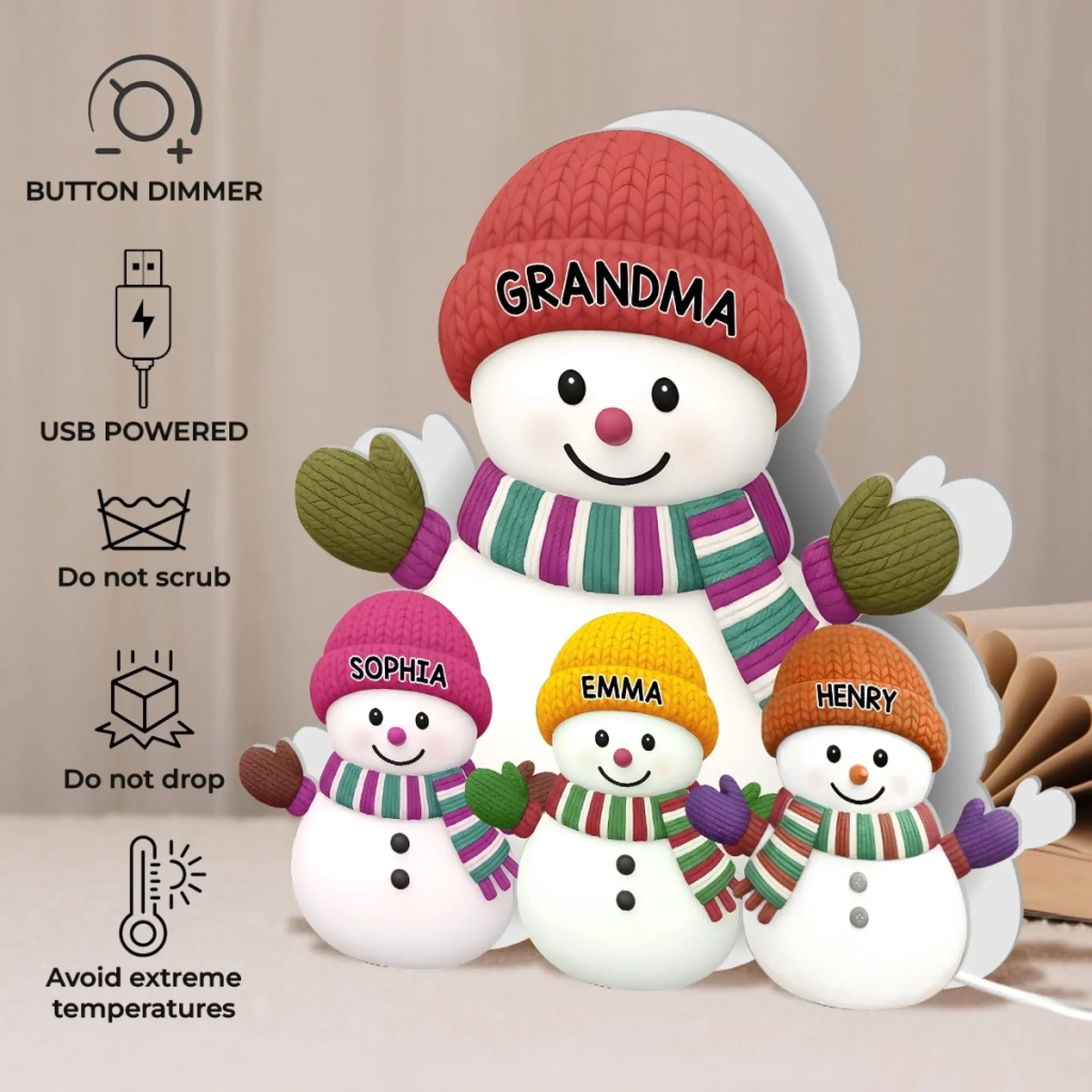 Custom Snowman Shaped Light Box - Personalized Christmas Birthday Gifts For Grandpa, Grandma - A Snowman Family Full Of Joy