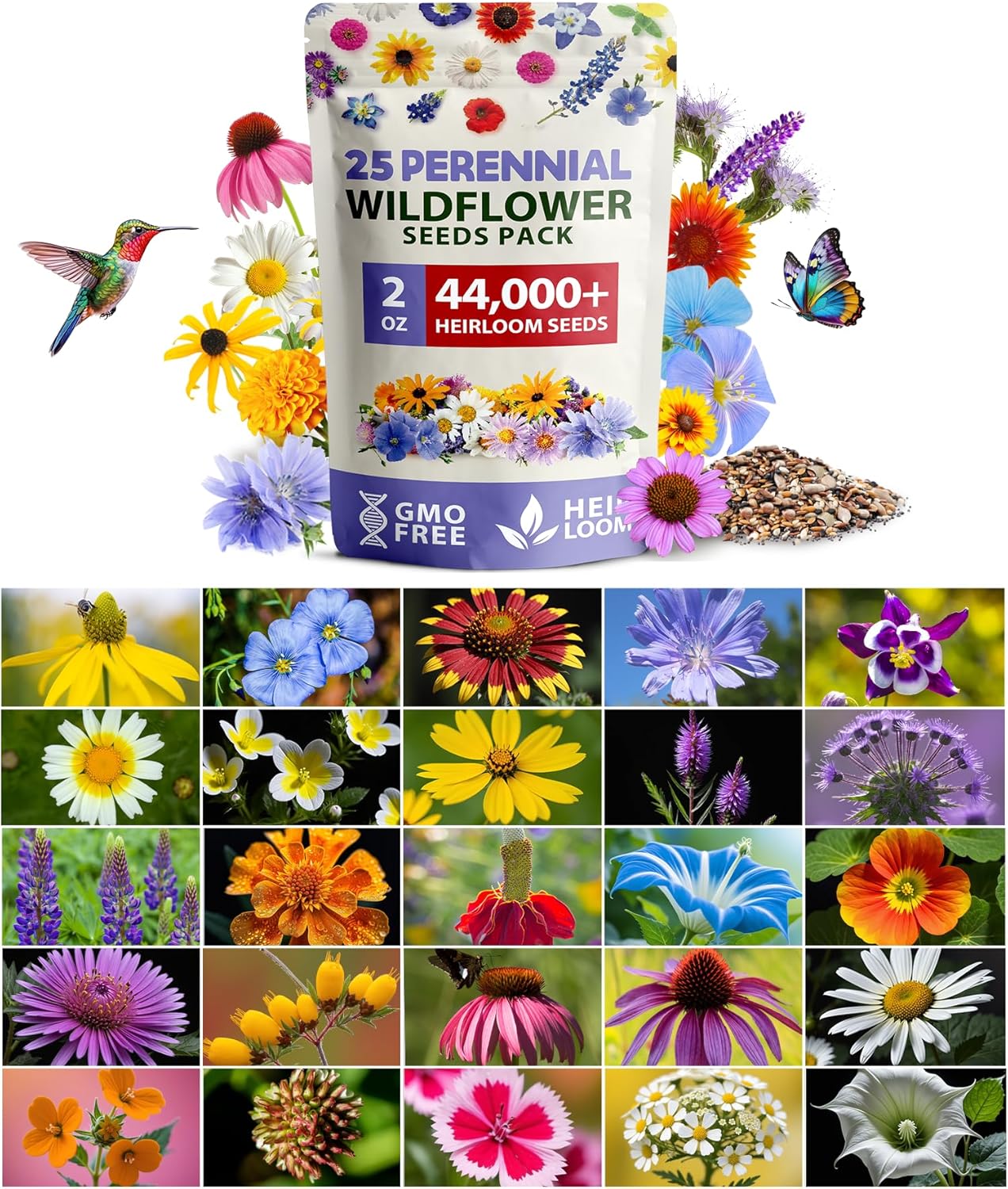 HOME GROWN Wildflower Seeds Mix - 47,400+ Non-GMO - 19 Perennial Flower Varieties for Planting Outdoors - Attract Butterflies & Birds - 3oz Wild Flower Seed Mix