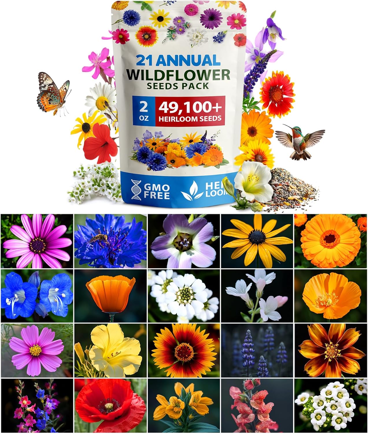 HOME GROWN Wildflower Seeds Mix - 47,400+ Non-GMO - 19 Perennial Flower Varieties for Planting Outdoors - Attract Butterflies & Birds - 3oz Wild Flower Seed Mix