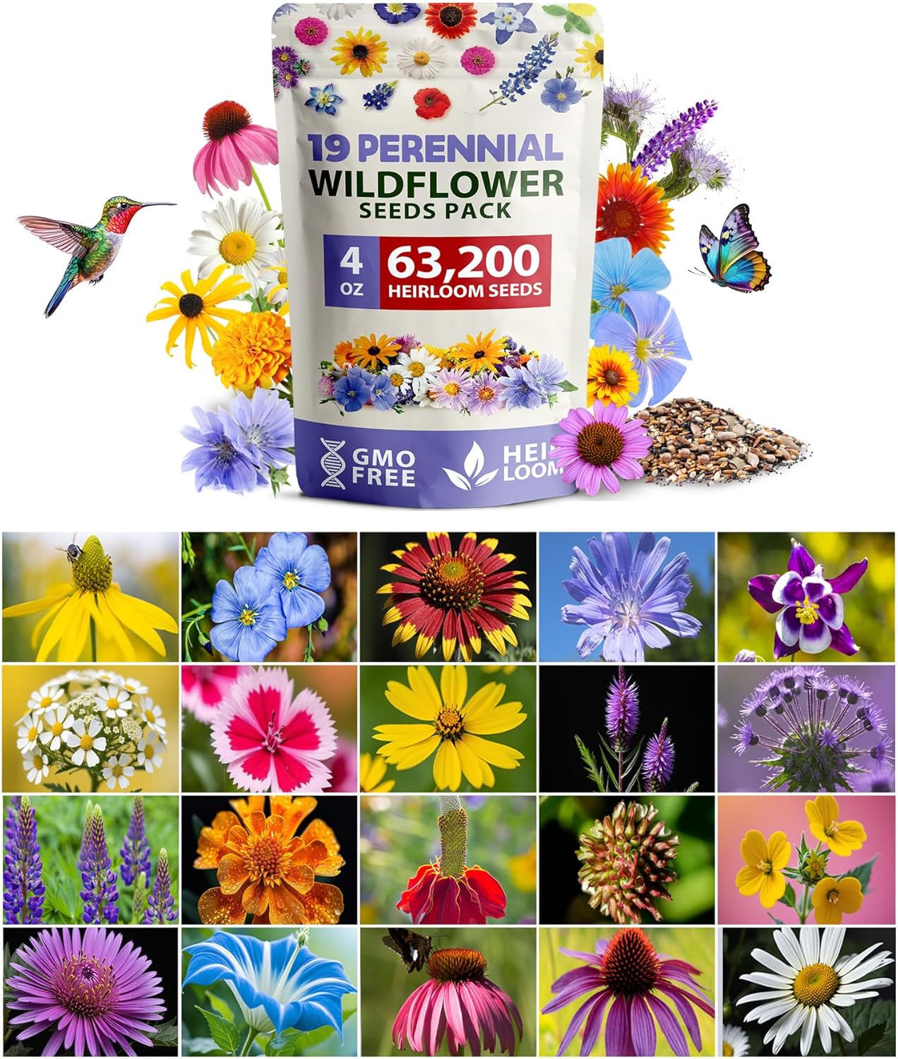 HOME GROWN Wildflower Seeds Mix - 47,400+ Non-GMO - 19 Perennial Flower Varieties for Planting Outdoors - Attract Butterflies & Birds - 3oz Wild Flower Seed Mix
