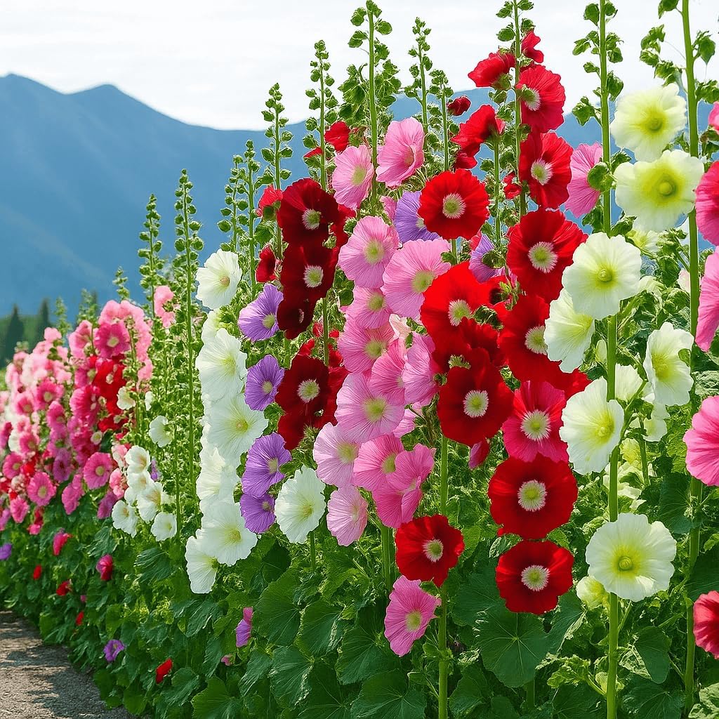 Hollyhock Seeds 3000+ Bulk Pack - Mixed-Color Perennial Blooms, Attracts Pollinators, Easy to Grow, Tall Garden Beauty - Perfect for Outdoor Landscaping, Backyard Shade, and Cottage Flower Gardens