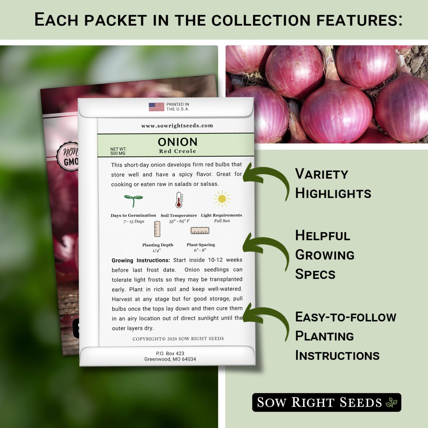 Sow Right Seeds - Short Day Onion Seed Collection for Planting - Red Creole, Crystal White Wax, Texas Early Grano - Non-GMO Heirloom Packets with Instructions to Plant a Home Vegetable Garden
