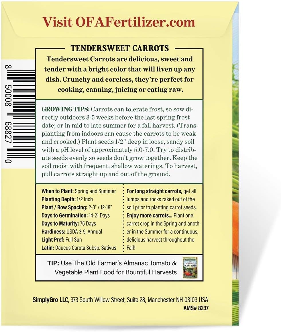 The Old Farmer's Almanac Heirloom Carrot Seeds (Tendersweet) - Approx 2600 Seeds - Non-GMO, Open Pollinated