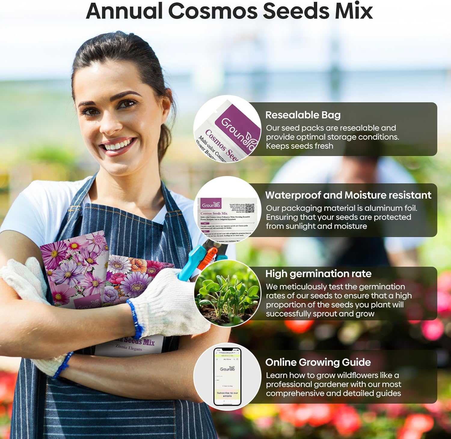 Cosmos Seeds Wildflower Mix 1 Oz, Over 3,000+, 4 Varieties Flowers Seeds for Planting (Radiance, Purity, Pinkie, Picotee), Open Pollinated Bulk