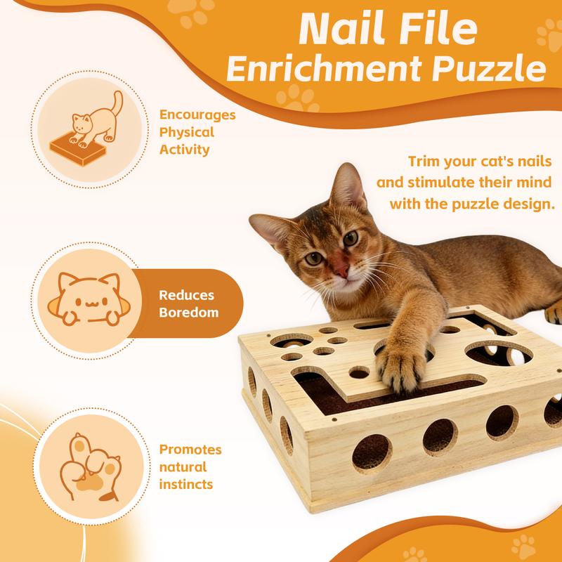 Cat Scratch Puzzle Enrichment Box Nail File Stress Free Alternative to Clippers and Grinders Durable Oak Wood Design for All Cat Ages cat  toys