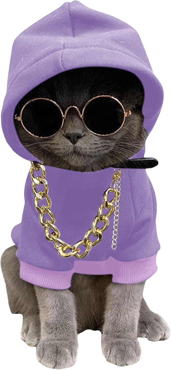 QWINEE 3Pcs Dog Hoodie Cat Apparel Dog Custume Set with Necklace and Sunglasses Pet Clothes for Puppy Small Medium Dogs Cats Multicolor S