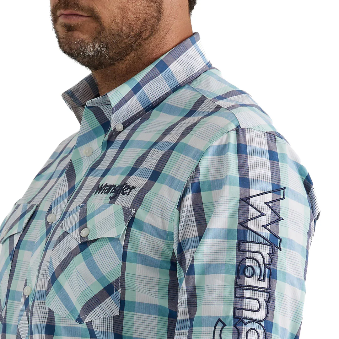 Wrangler Men's Logo Western Button Shirt In Teal Plaid