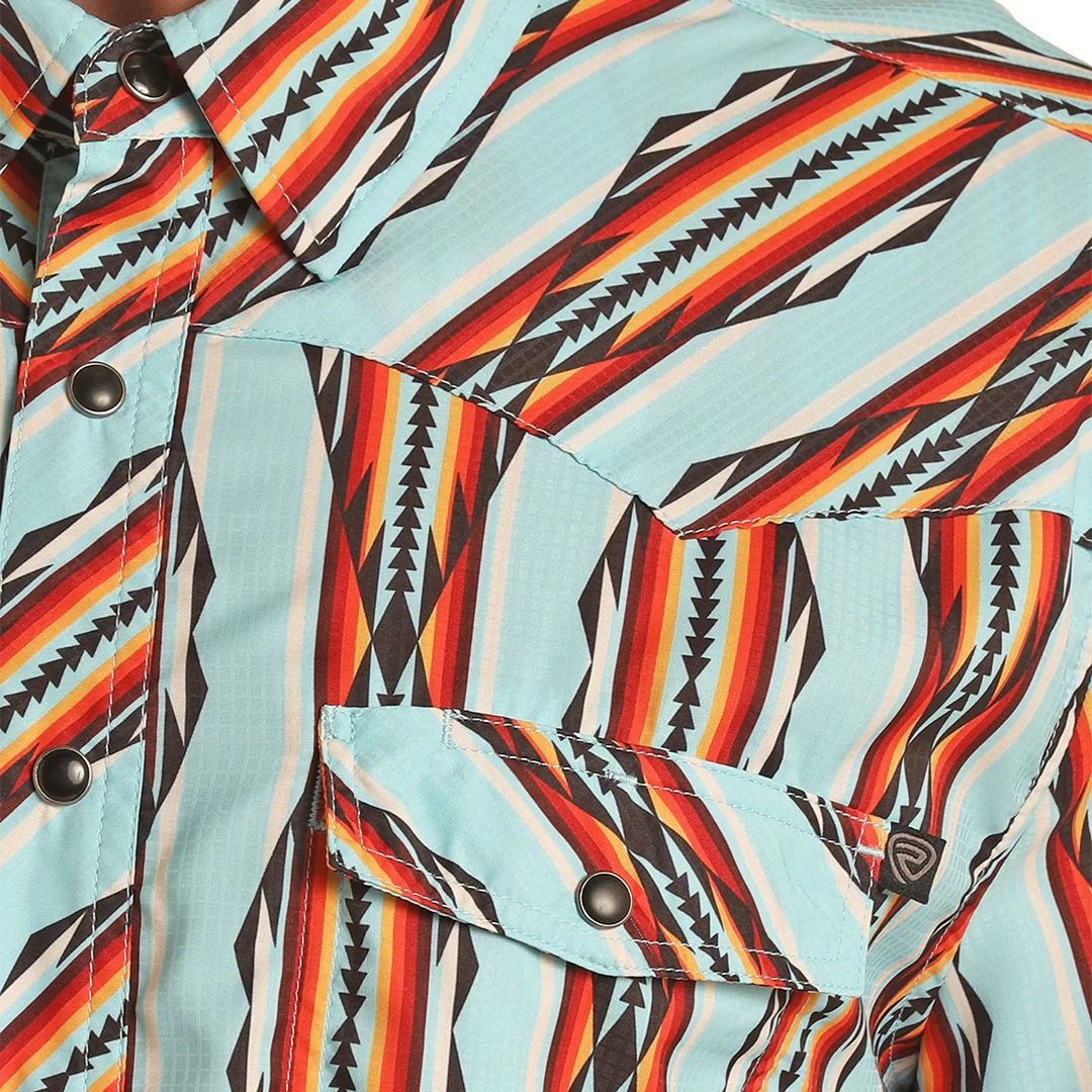Rock & Roll Cowboy Men's Tek Western Aztec Print Short Sleeve Snap Shirt