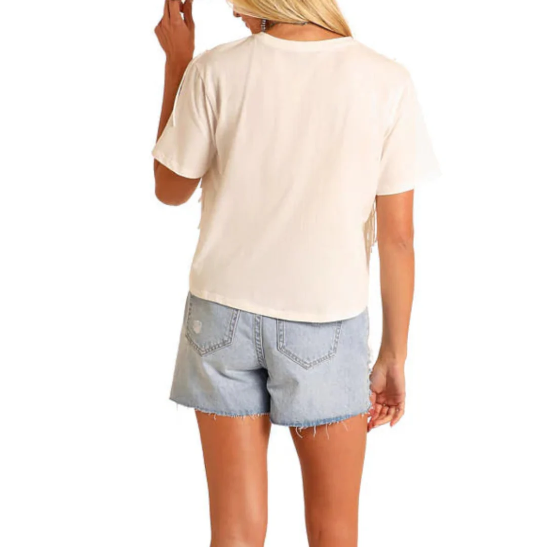 Rock & Roll Denim Women's Floral Boot Print Fringe T-Shirt