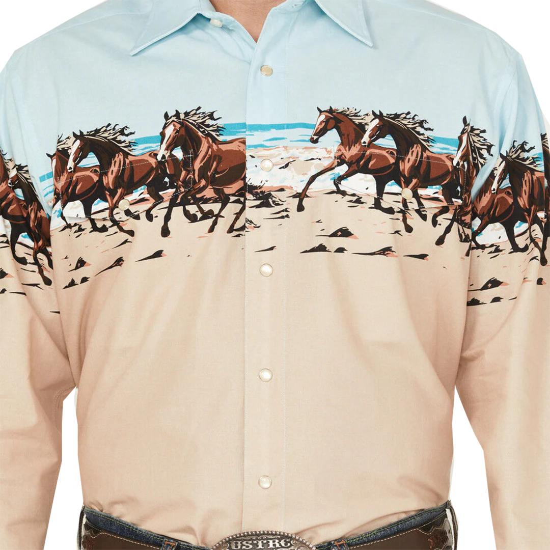Panhandle Men's Horse Print Border Long Sleeve Snap Shirt