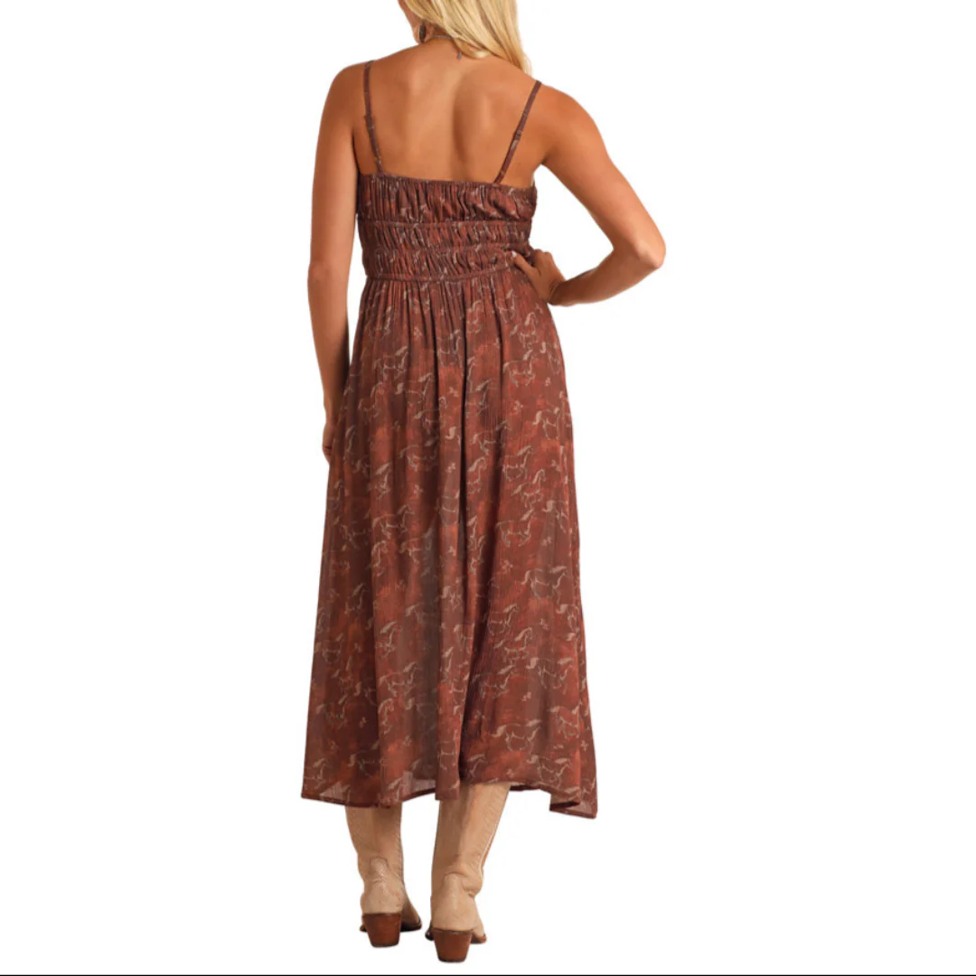 Rock & Roll Denim Horse Print Midi Dress