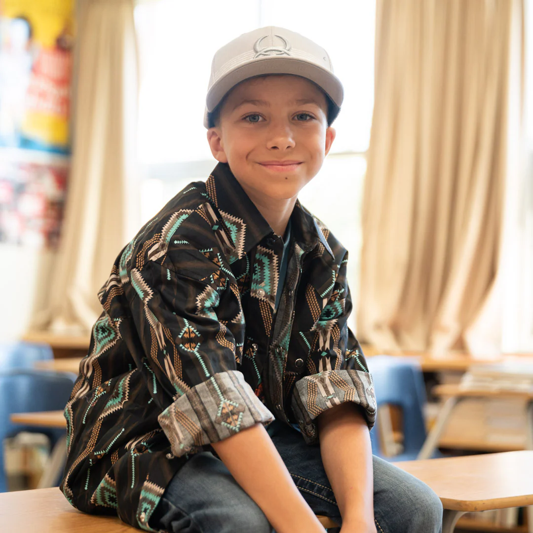 Rock & Roll Cowboy Boys' Black & Turquoise Aztec Woven Snap