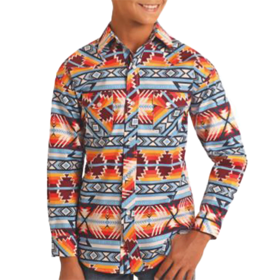 Rock & Roll Denim Boys' Aztec Long Sleeve Snap Shirt