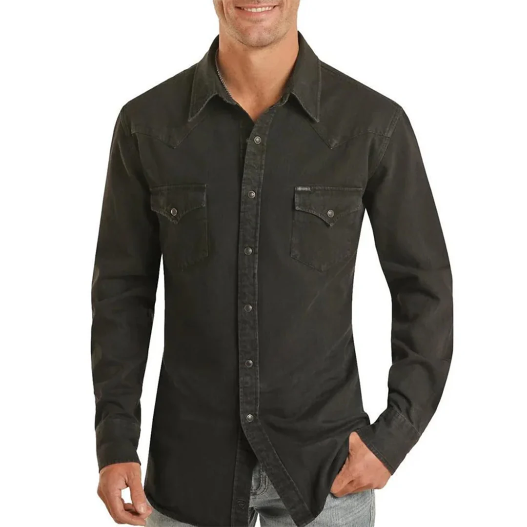 Rock & Roll Denim Solid Black Long Sleeve Snap Shirt