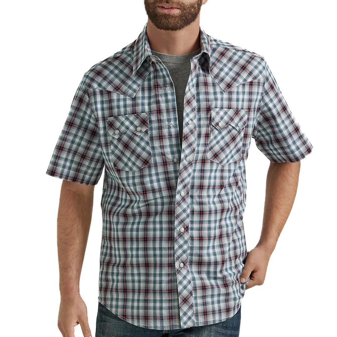 Wrangler Men's Retro Short Sleeve Plaid Snap Shirt In Blue