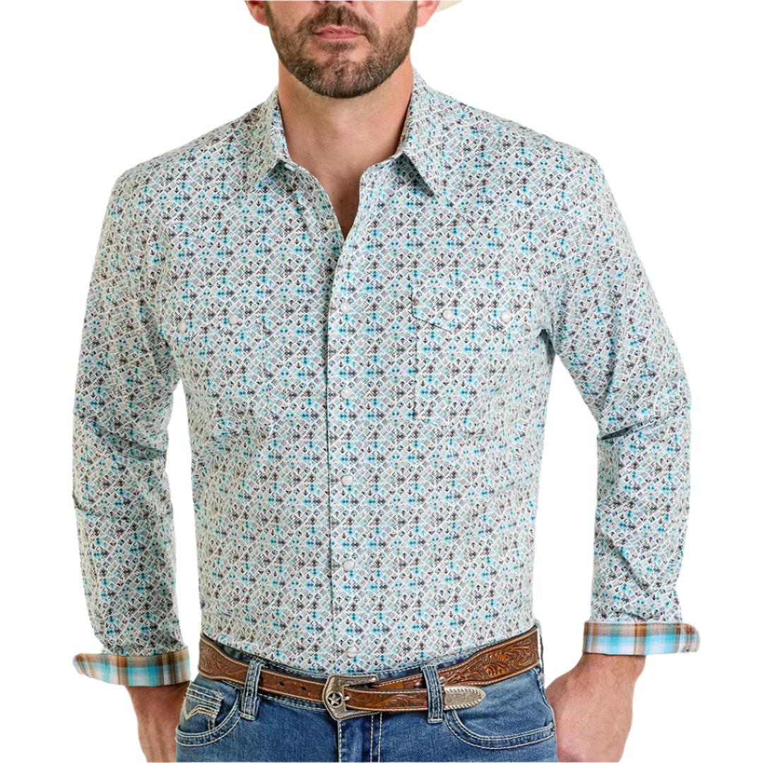Rough Stock Men's Geometric Print Long Sleeve Snap Shirt