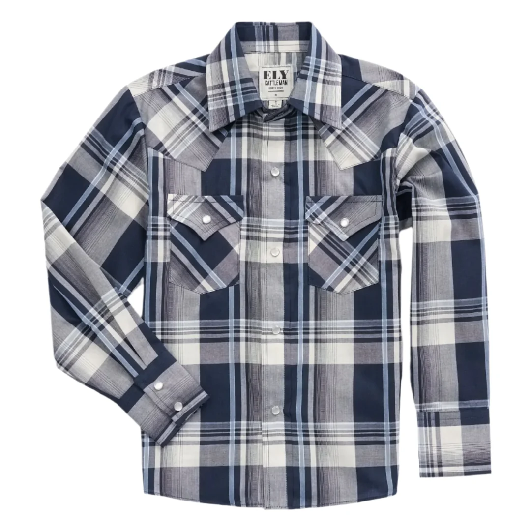 Ely Cattleman Boys' Textured Plaid Western Long Sleeve Snap Shirt