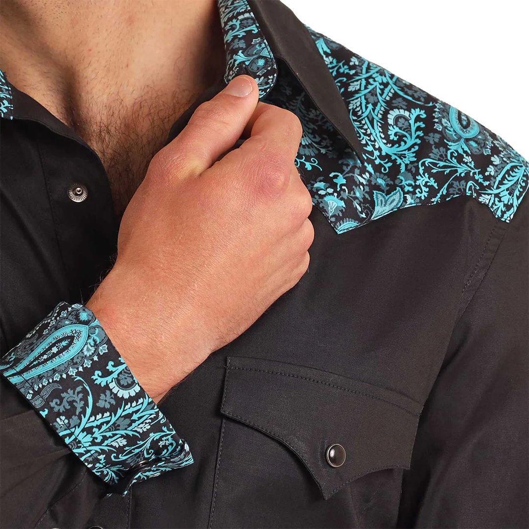 Rock & Roll Denim Paisley Yolk Western Long Sleeve Snap Shirt
