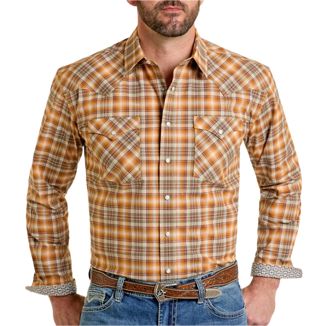 Rough Stock Men's Plaid Print Long Sleeve Snap Shirt