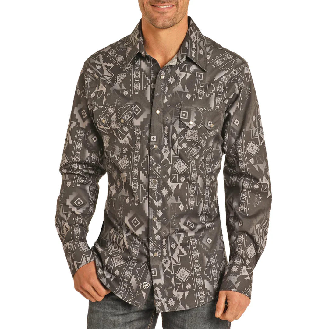 Rock & Roll Denim Dale Aztec Print Long Sleeve Snap Shirt