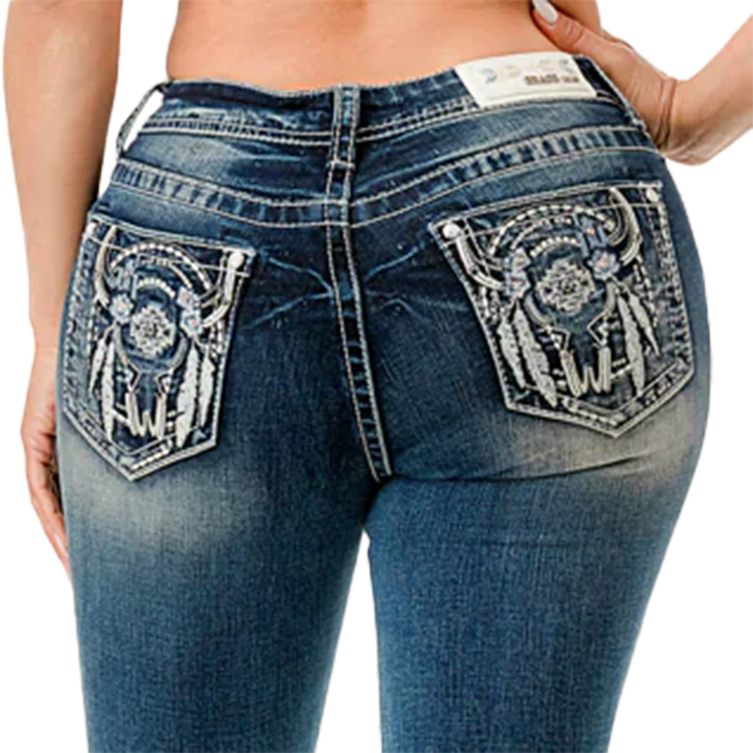 Grace in LA Women's Steerhead And Feather Pocket Bootcut Jeans