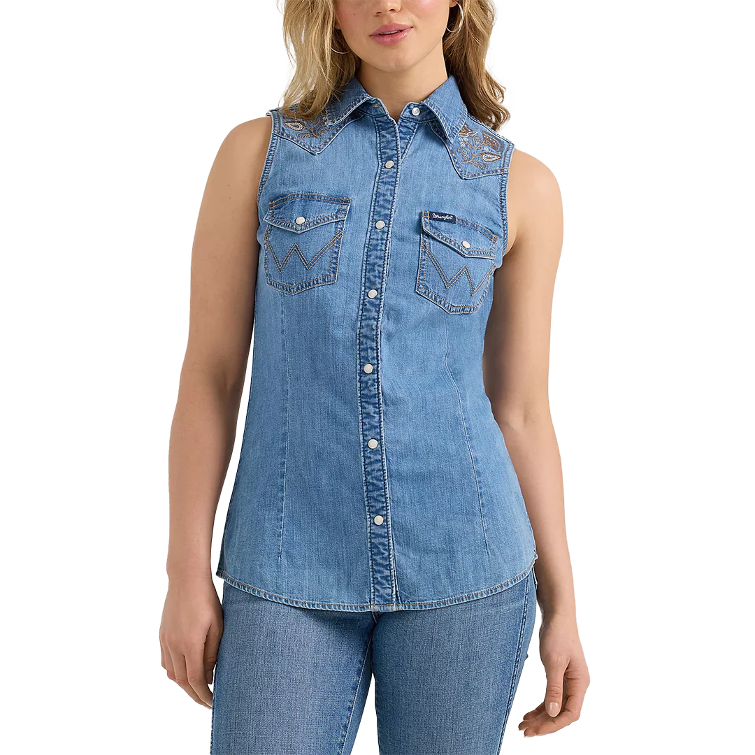 Wrangler Women's Denim Sleeveless Snap Shirt