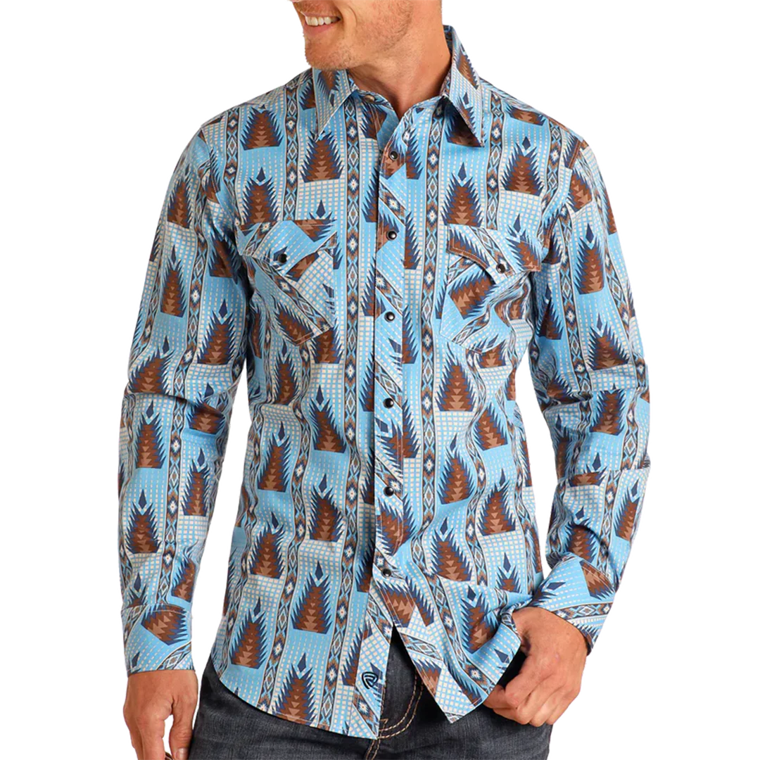 Rock & Roll Denim Men's Aztec Print Long Sleeve Snap Shirt