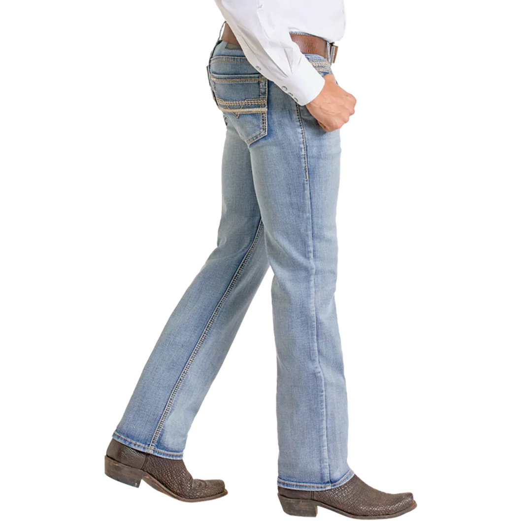 Rock & Roll Denim Men's Slim Fit Leather Stitch Pocket Straight Leg Jeans