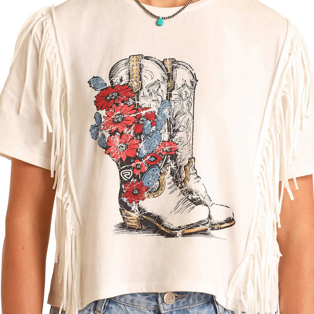 Rock & Roll Denim Women's Floral Boot Print Fringe T-Shirt