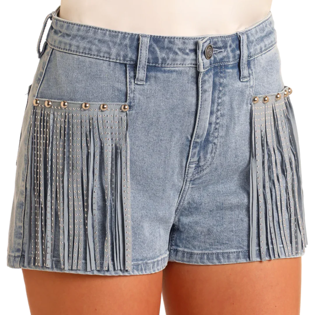 Rock & Roll Denim Women's Extra Stretch Studded Fringe Shorts