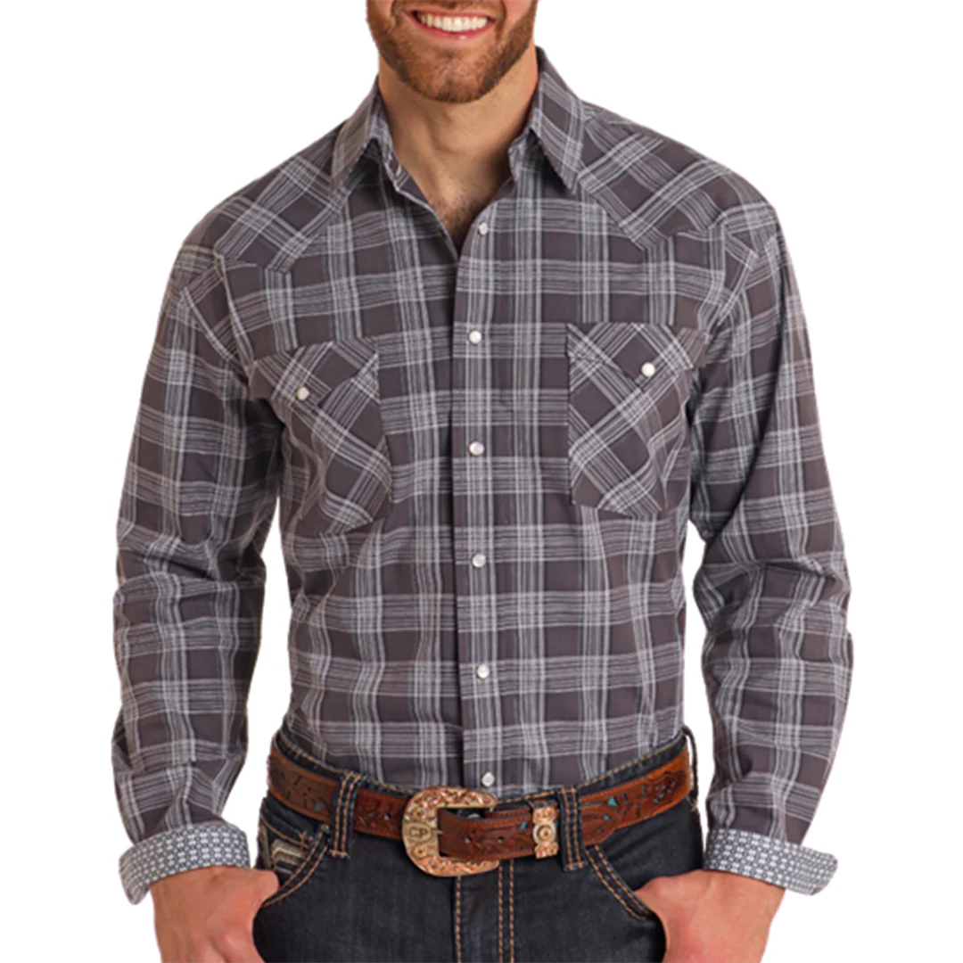 Rough Stock Men's Dobby Plaid Long Sleeve Snap Shirt