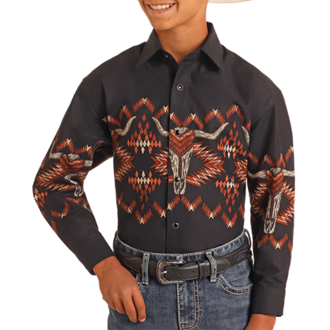 Rock & Roll Denim Boys' Longhorn Aztec Print Long Sleeve Snap Shirt