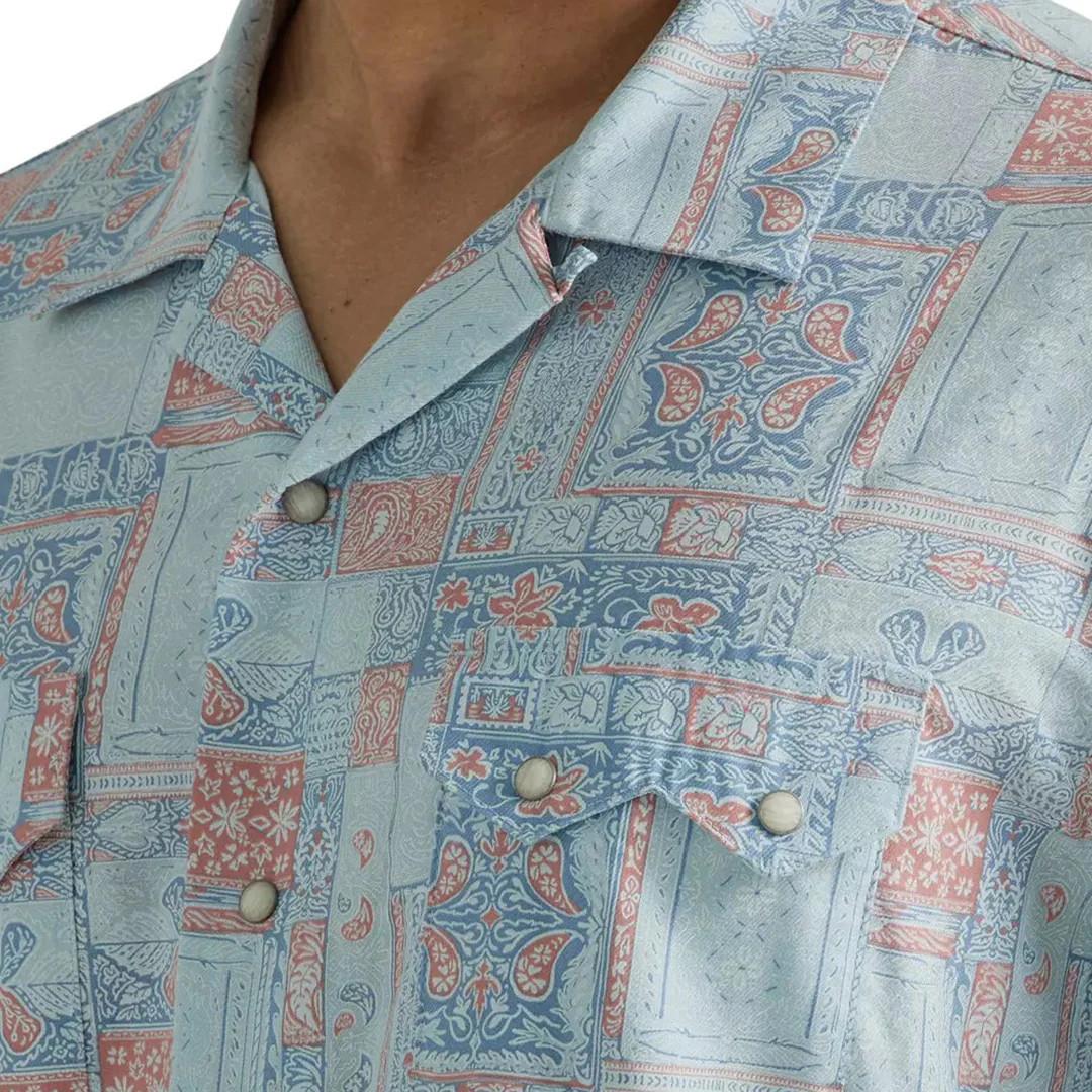 Wrangler Men's Coconut Cowboy Light Blue Print Short Sleeve Snap Shirt