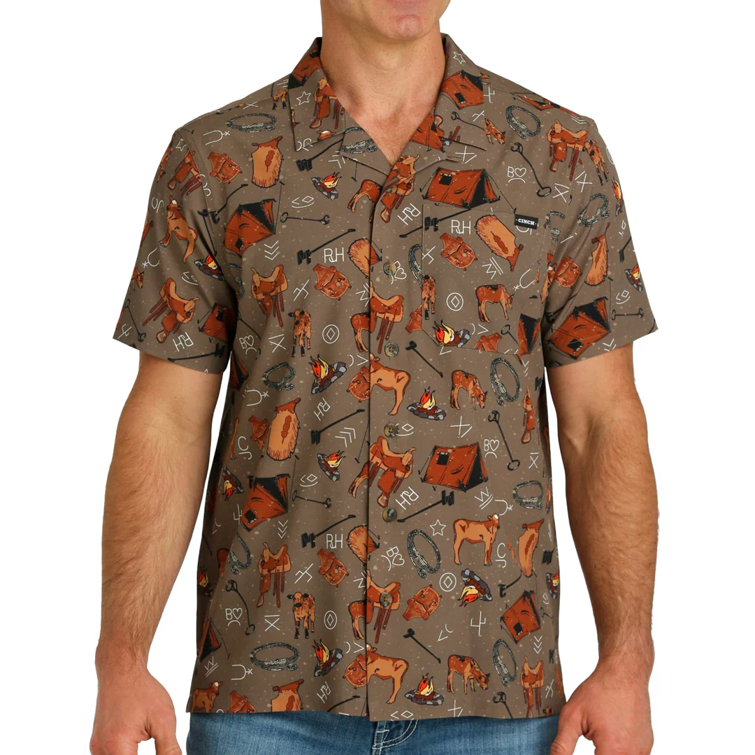 Cinch Men's Short Sleeve Cow Print Camp Shirt