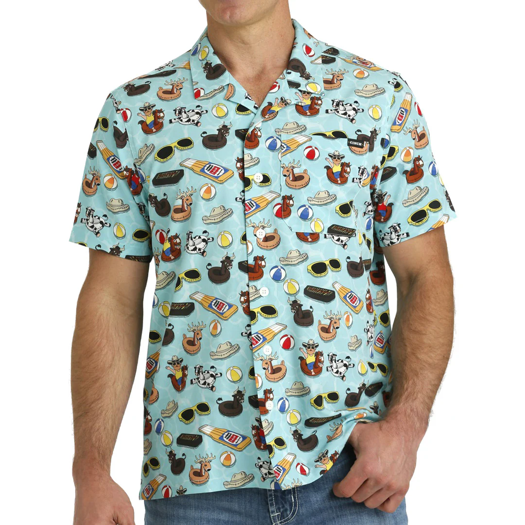 Cinch Men's Short Sleeve Camp Shirt in Turquoise