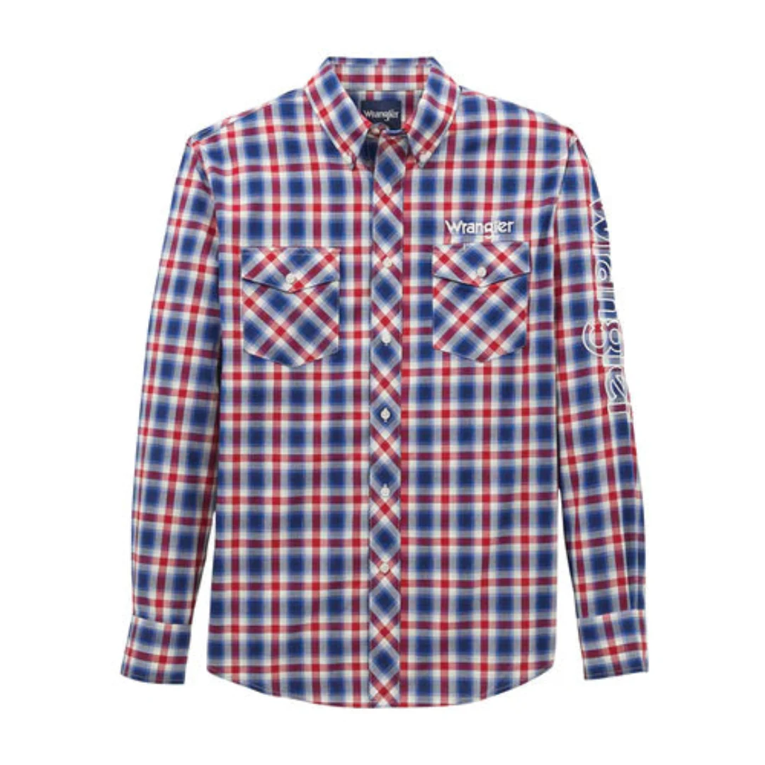 Wrangler Men's Plaid Logo Long Sleeve Snap Shirt