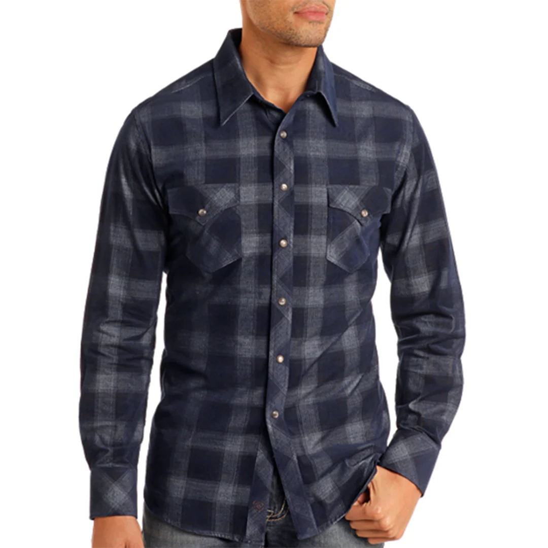 Rock & Roll Denim Men's Plaid Long Sleeve Snap Shirt